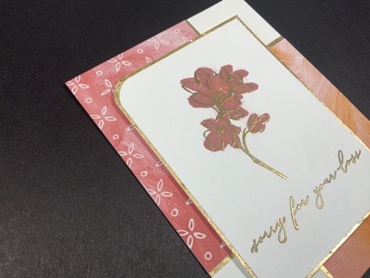 closeup of gilding flakes on Fine Art Floral Sympathy Card